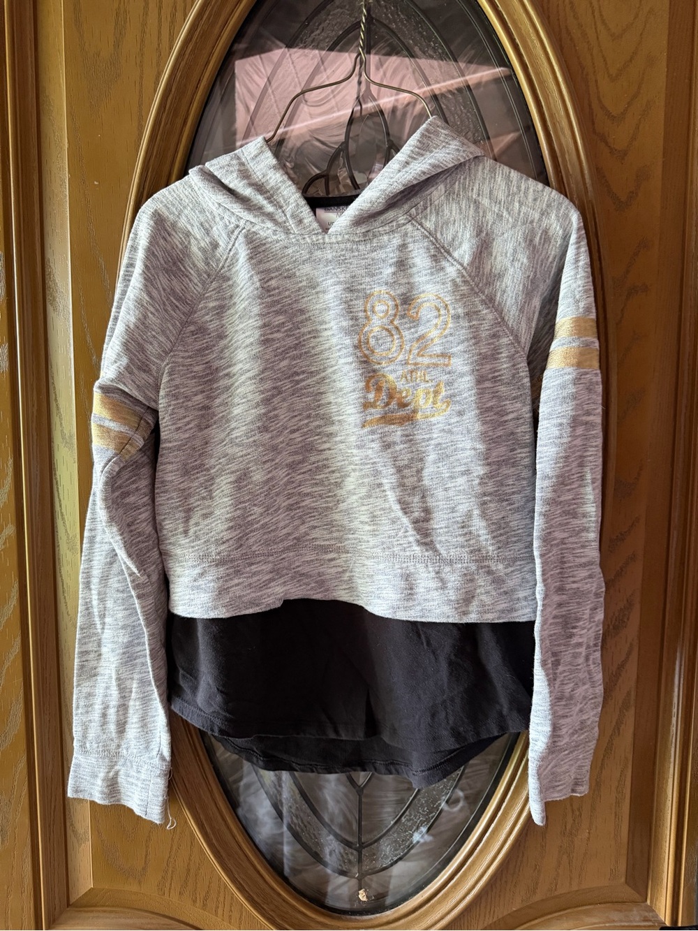 Danskin Heather Gray Hoodie with Gold Print and Black Layered Hem